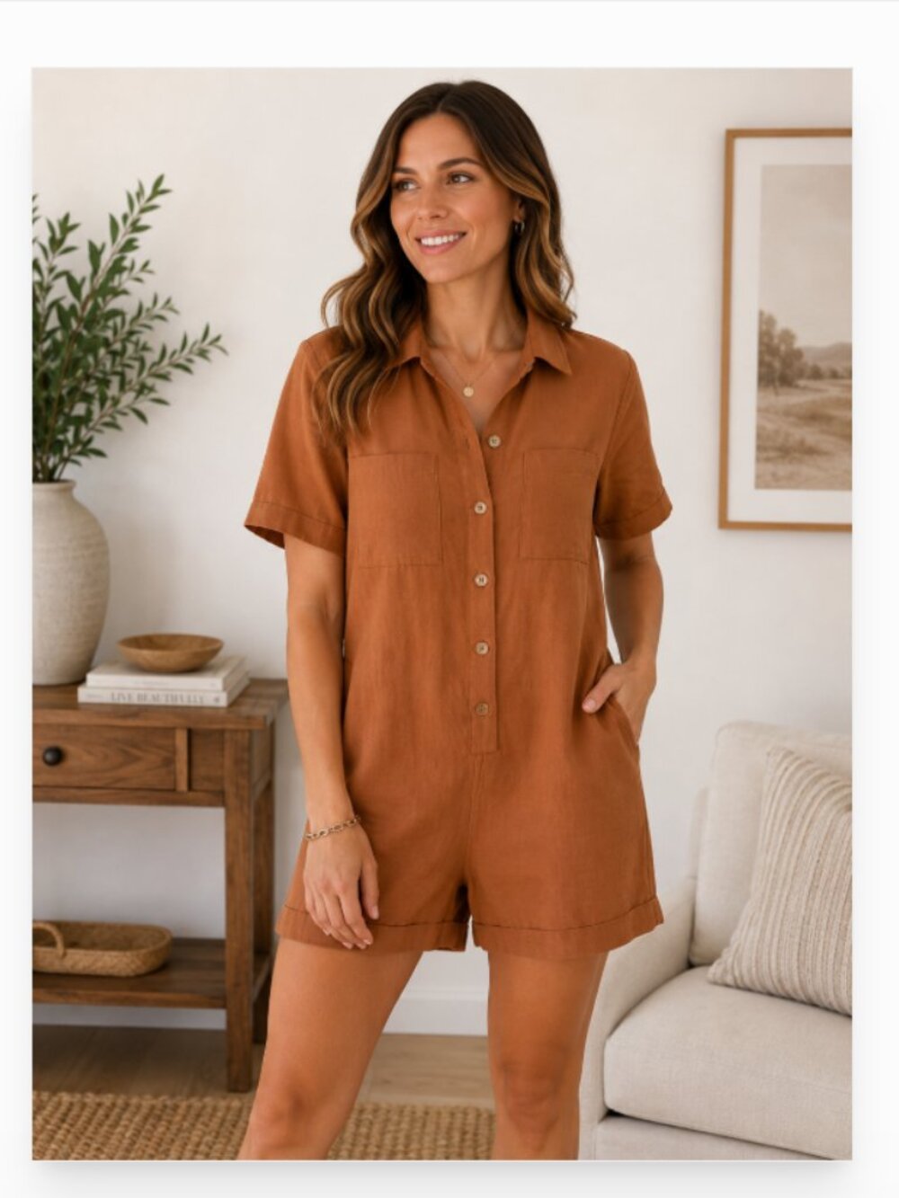 Her Entire Name Says Grace brown utility boxy fit button front romper XS nwot